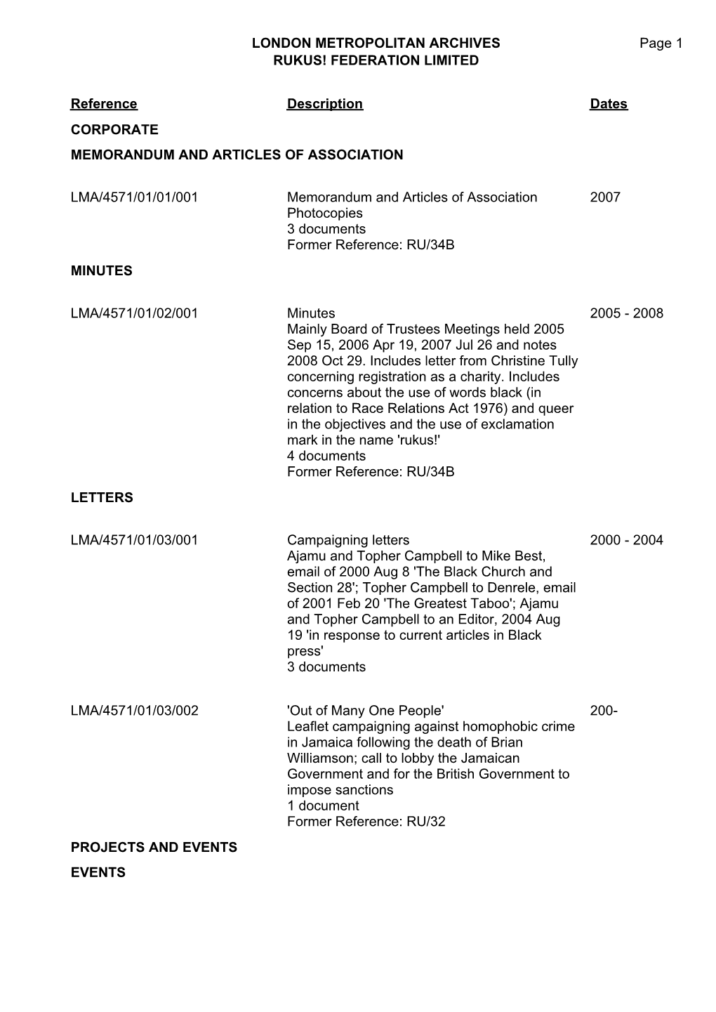 FEDERATION LIMITED LMA/4571 Page 1 Reference Description