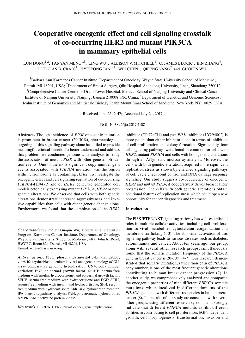 Cooperative Oncogenic Effect and Cell Signaling Crosstalk of Co‑Occurring HER2 and Mutant PIK3CA in Mammary Epithelial Cells
