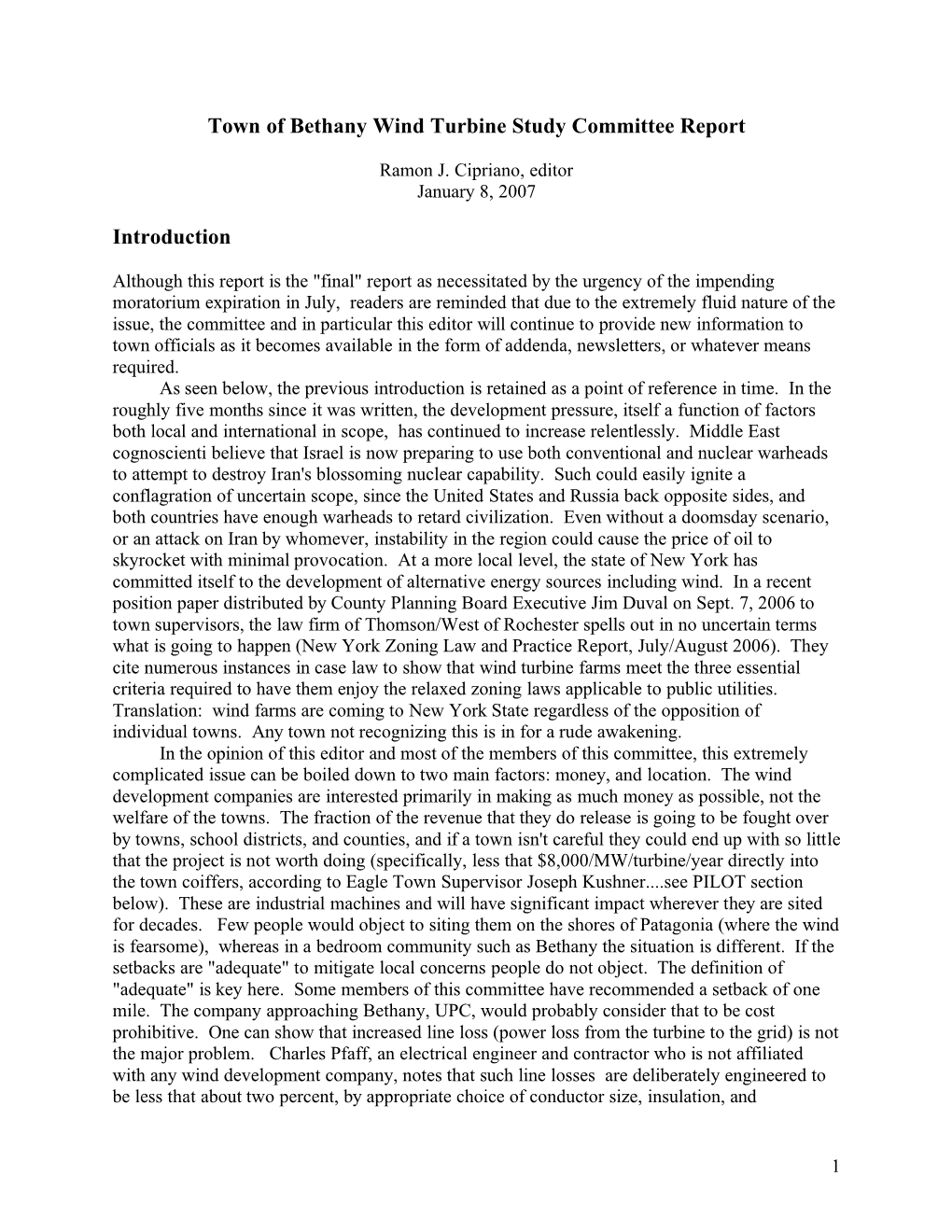 Town of Bethany Wind Turbine Study Committee Report Introduction