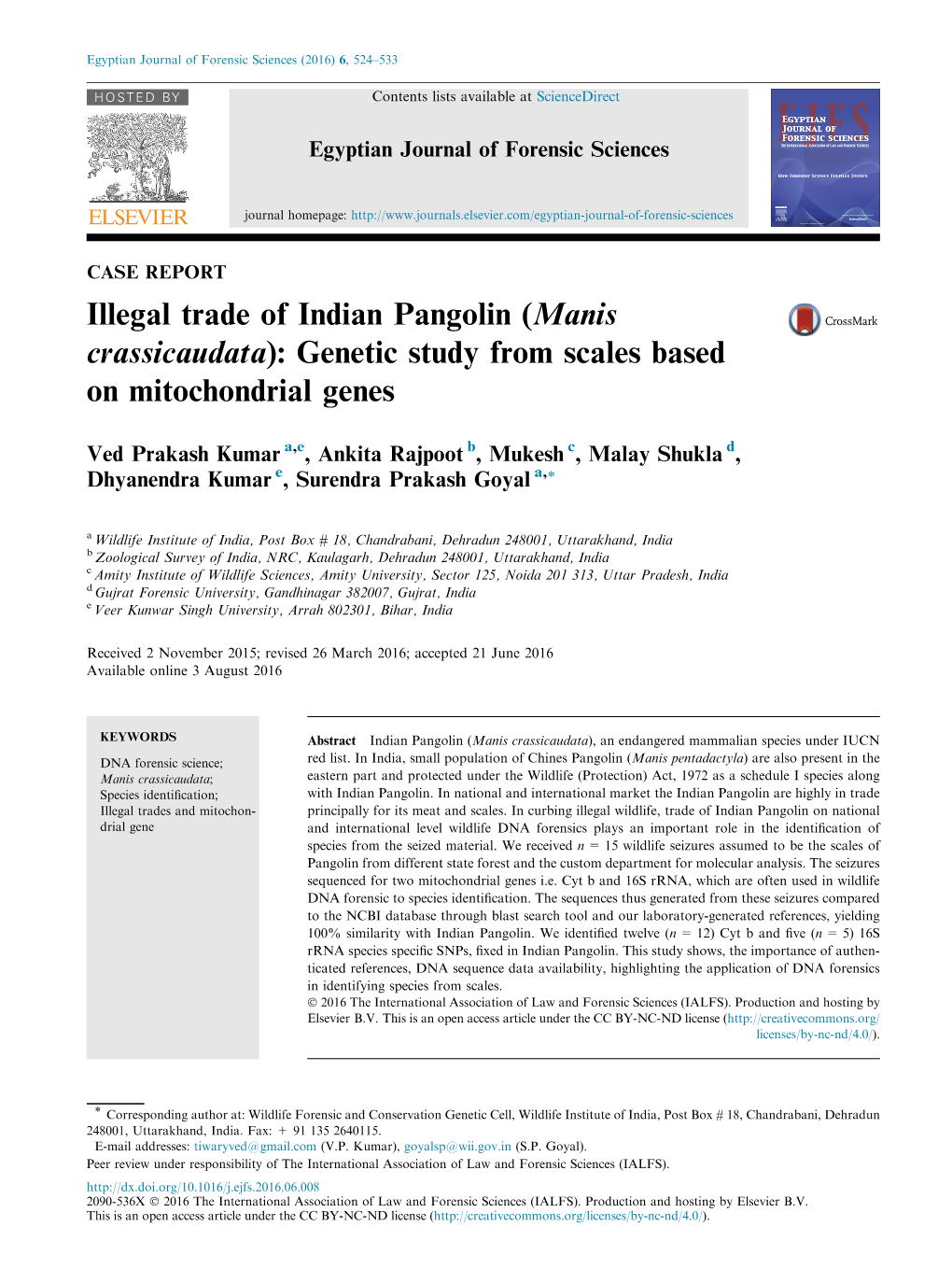 Illegal Trade of Indian Pangolin (Manis Crassicaudata): Genetic Study from Scales Based on Mitochondrial Genes