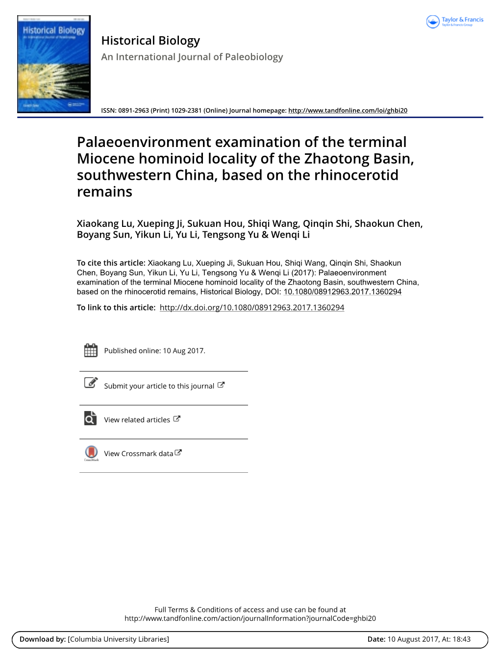 Palaeoenvironment Examination of the Terminal Miocene Hominoid Locality of the Zhaotong Basin, Southwestern China, Based on the Rhinocerotid Remains