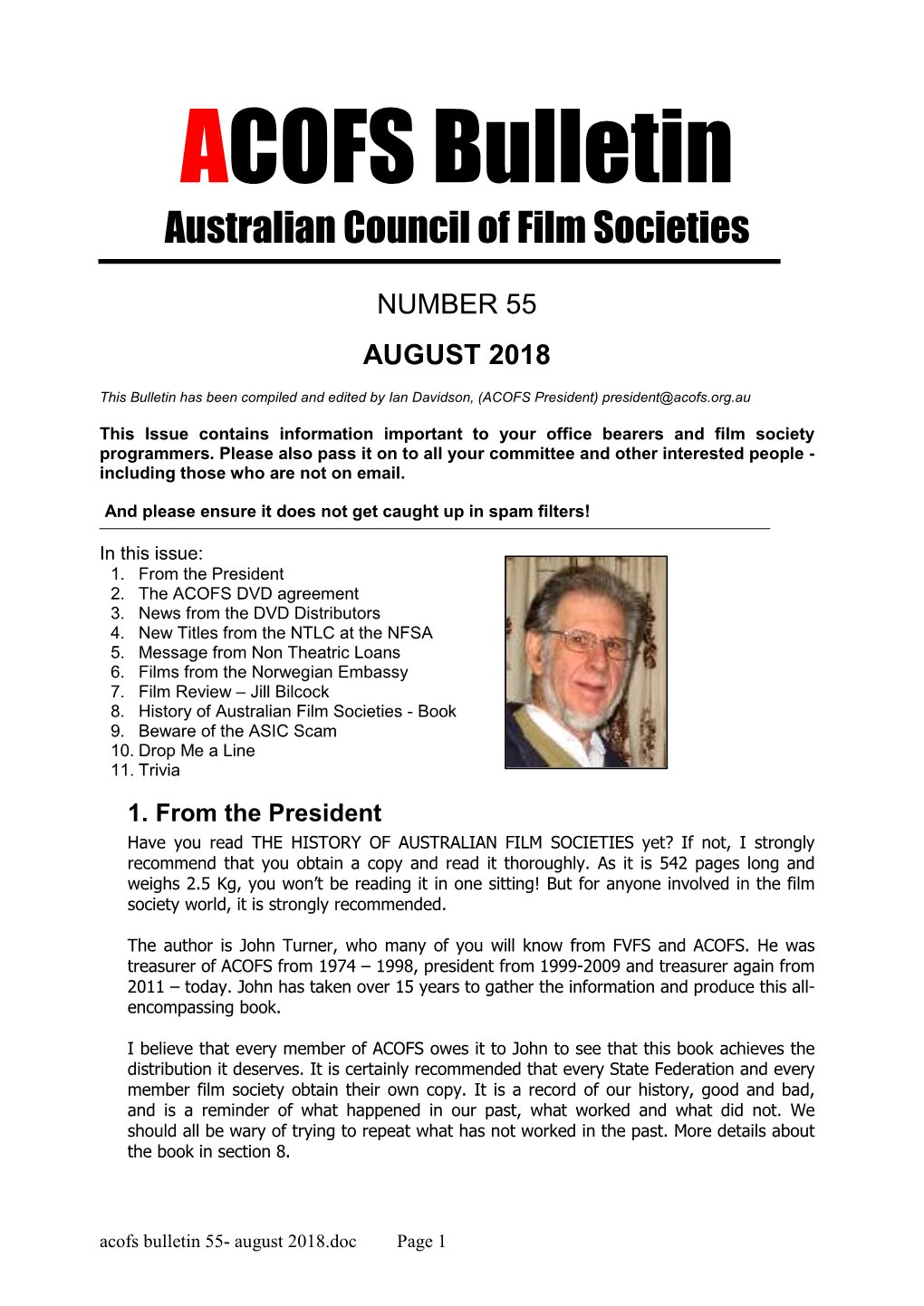 ACOFS Bulletin Australian Council of Film Societies