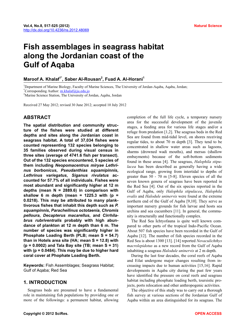 Fish Assemblages in Seagrass Habitat Along the Jordanian Coast of the Gulf of Aqaba