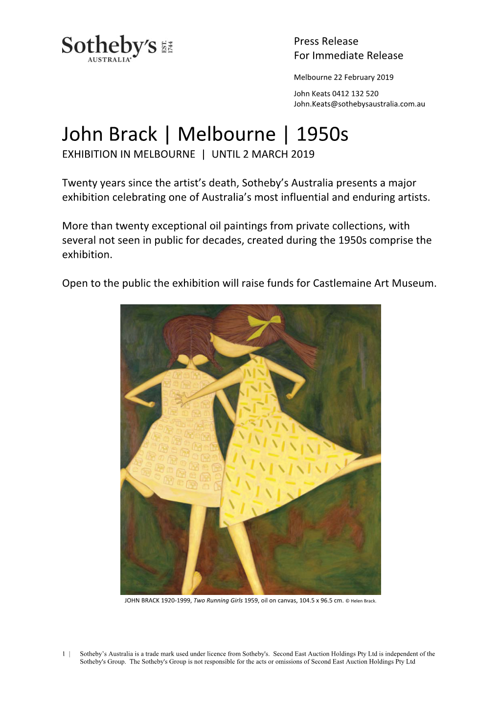 John Brack | Melbourne | 1950S EXHIBITION in MELBOURNE | UNTIL 2 MARCH 2019