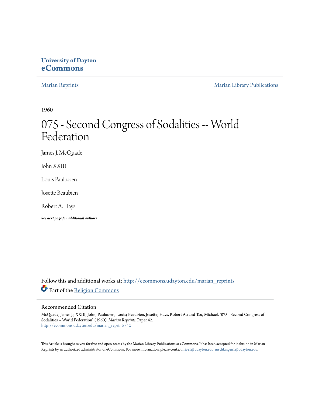 075 - Second Congress of Sodalities -- World Federation James J