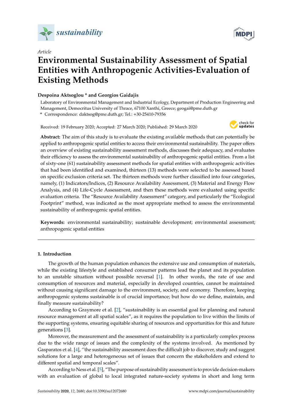 Environmental Sustainability Assessment of Spatial Entities with Anthropogenic Activities-Evaluation of Existing Methods