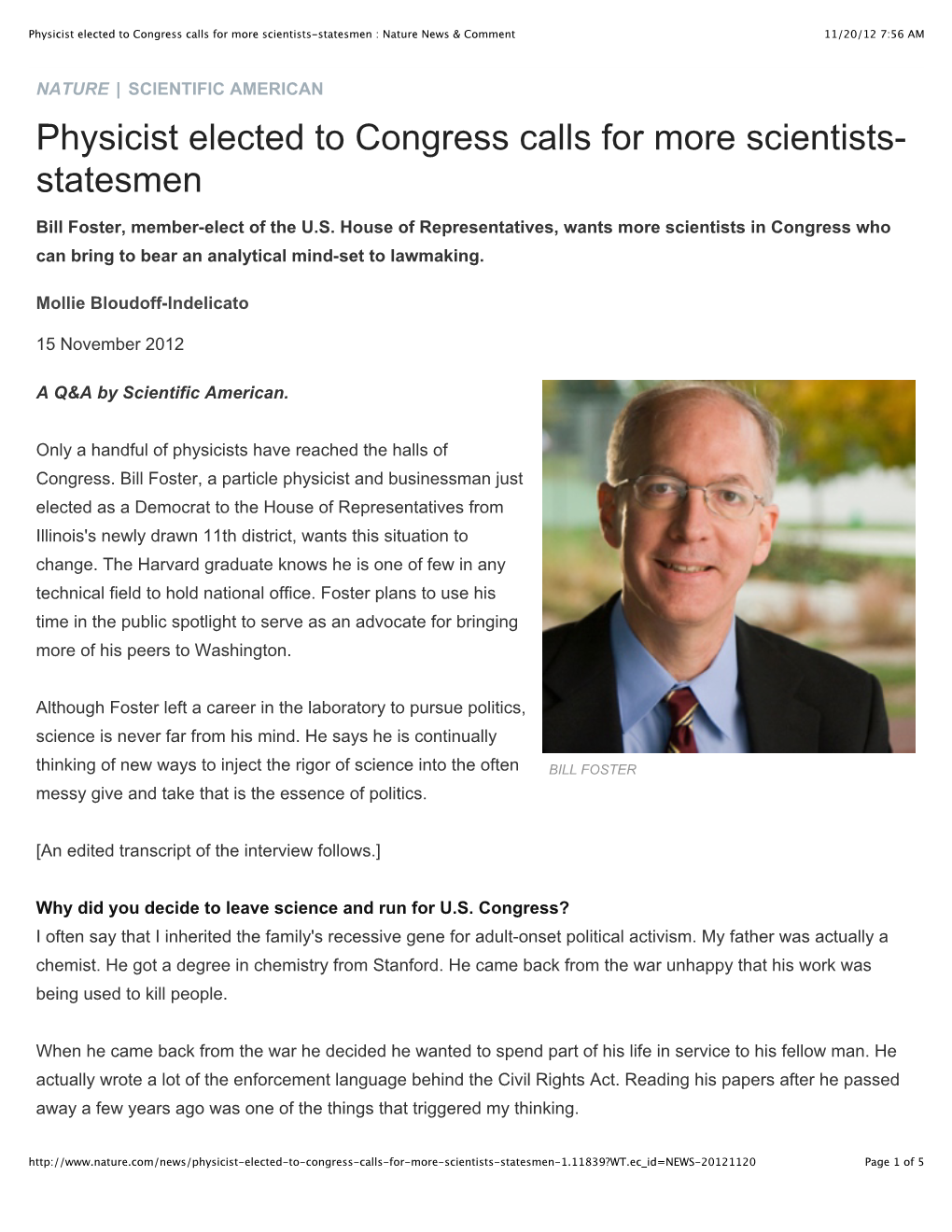 Physicist Elected to Congress Calls for More Scientists-Statesmen : Nature News & Comment 11/20/12 7:56 AM