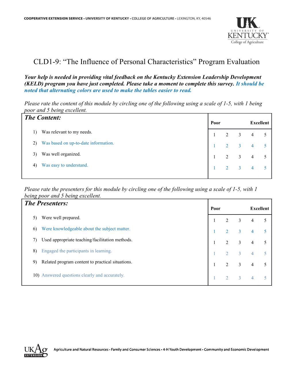 CLD1-9: the Influence of Personal Characteristics Program Evaluation