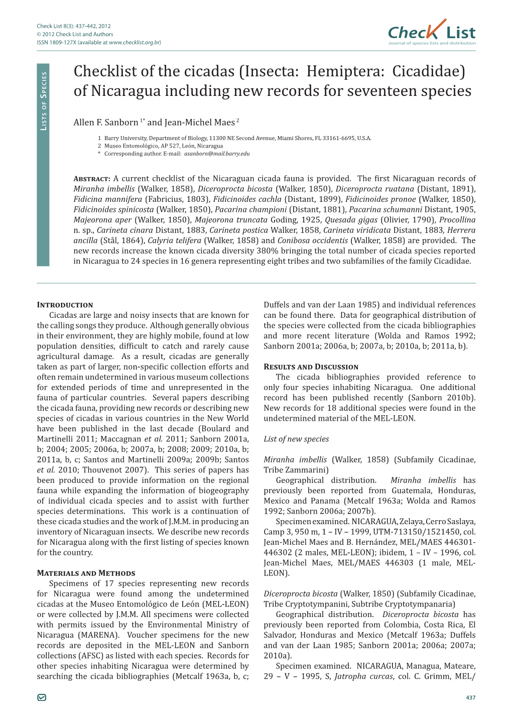 Check List 8(3): 437-442, 2012 © 2012 Check List and Authors Chec List ISSN 1809-127X (Available at Journal of Species Lists and Distribution