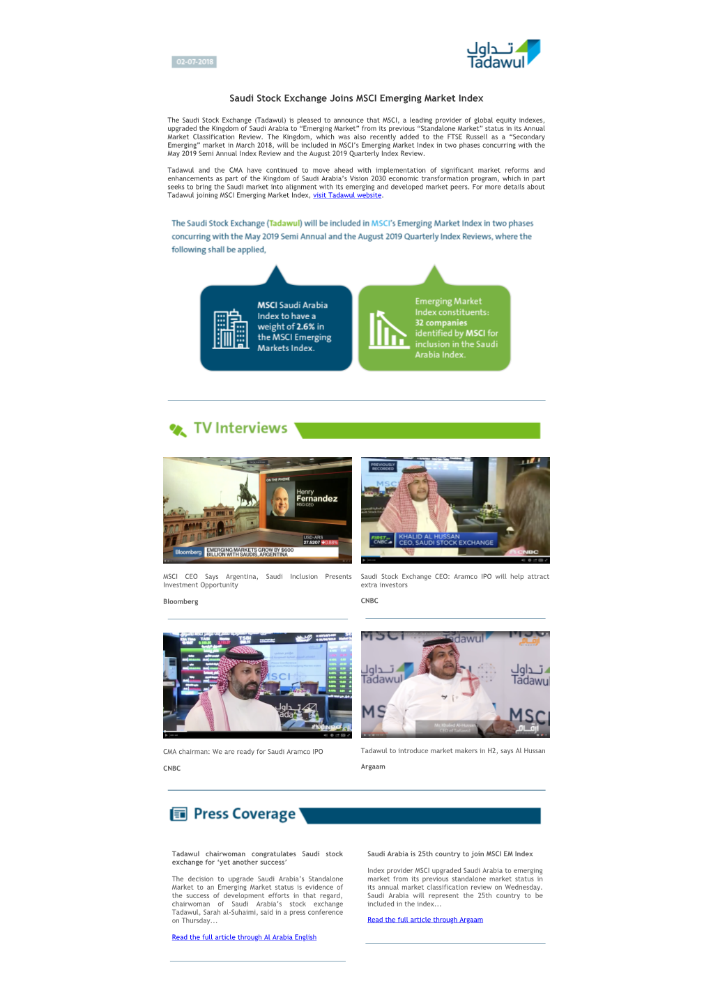 Saudi Stock Exchange Joins MSCI Emerging Market Index