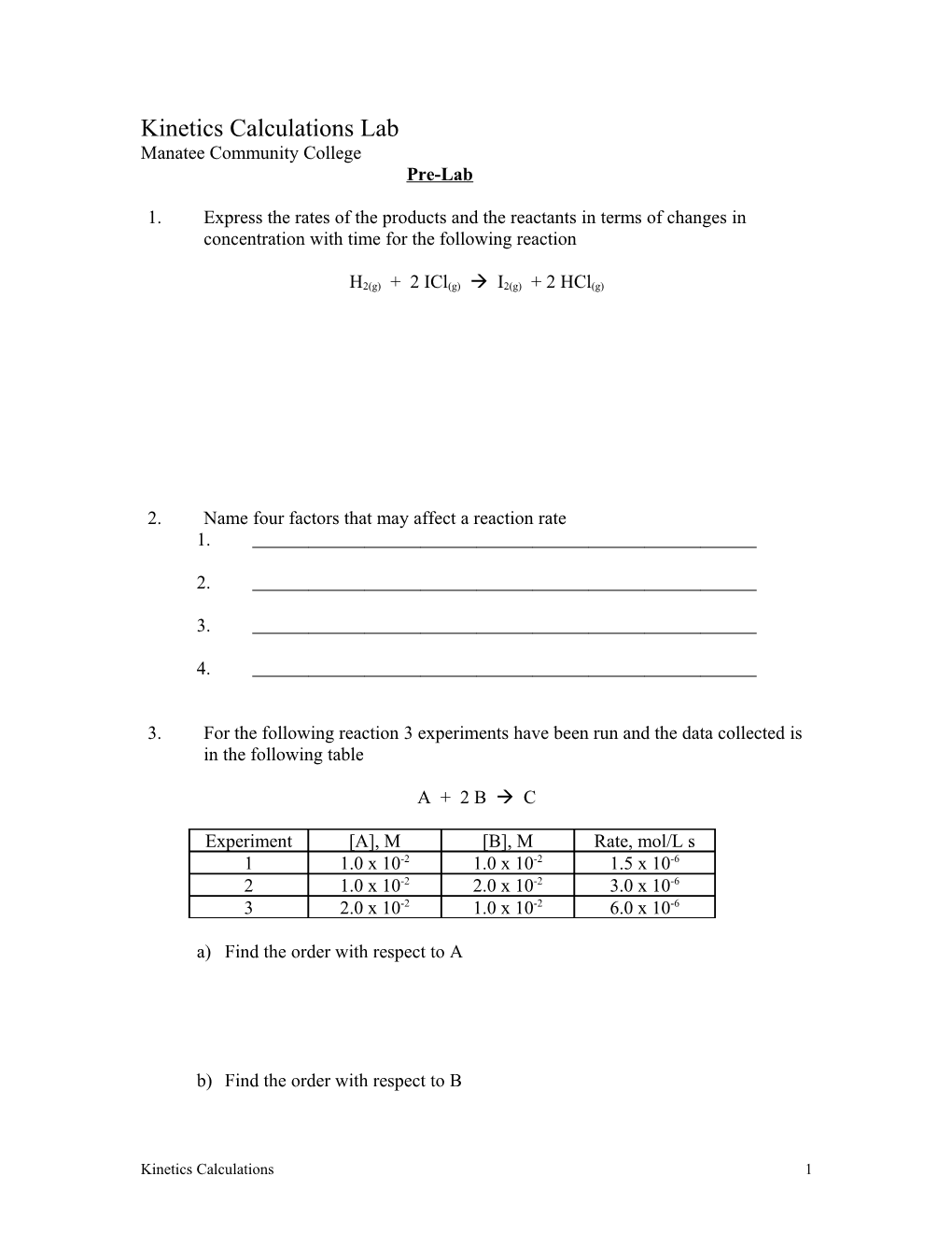 Kinetics Calculations Lab