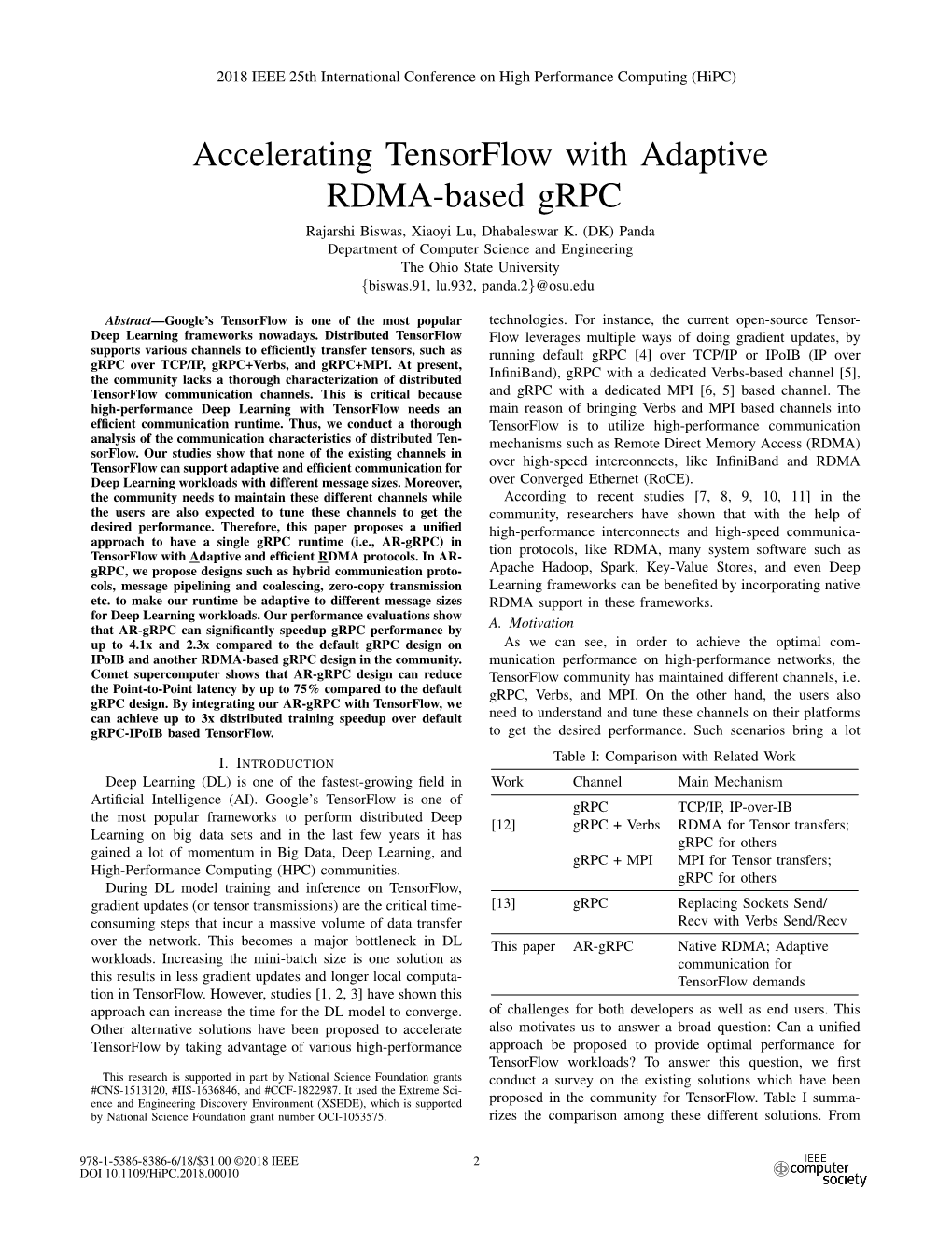 Accelerating Tensorflow with Adaptive RDMA-Based Grpc Rajarshi Biswas, Xiaoyi Lu, Dhabaleswar K