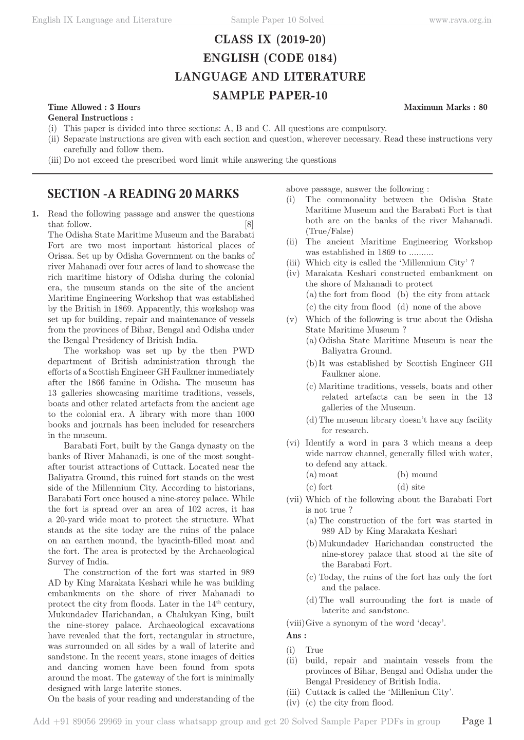 SECTION -A READING 20 MARKS Above Passage, Answer the Following : (I) the Commonality Between the Odisha State 1