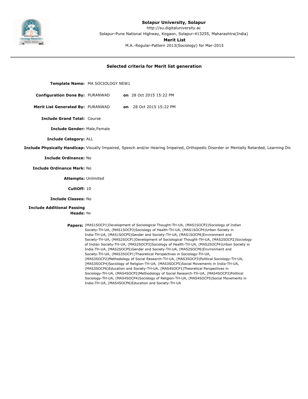 Merit List M.A.-Regular-Pattern 2013(Sociology) for Mar-2015