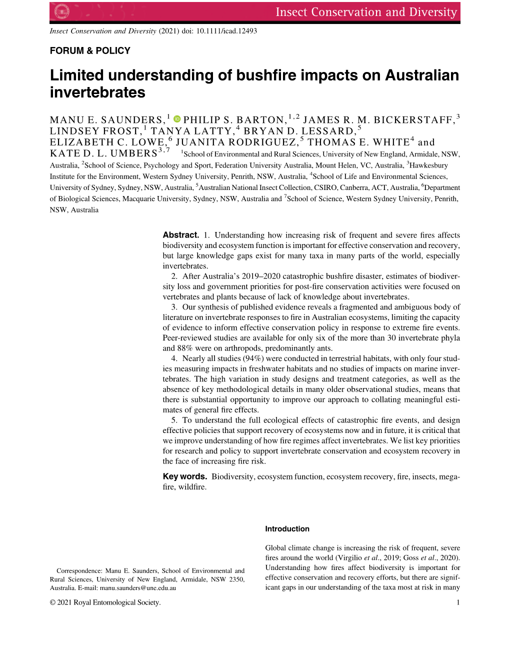 Limited Understanding of Bushfire Impacts on Australian Invertebrates