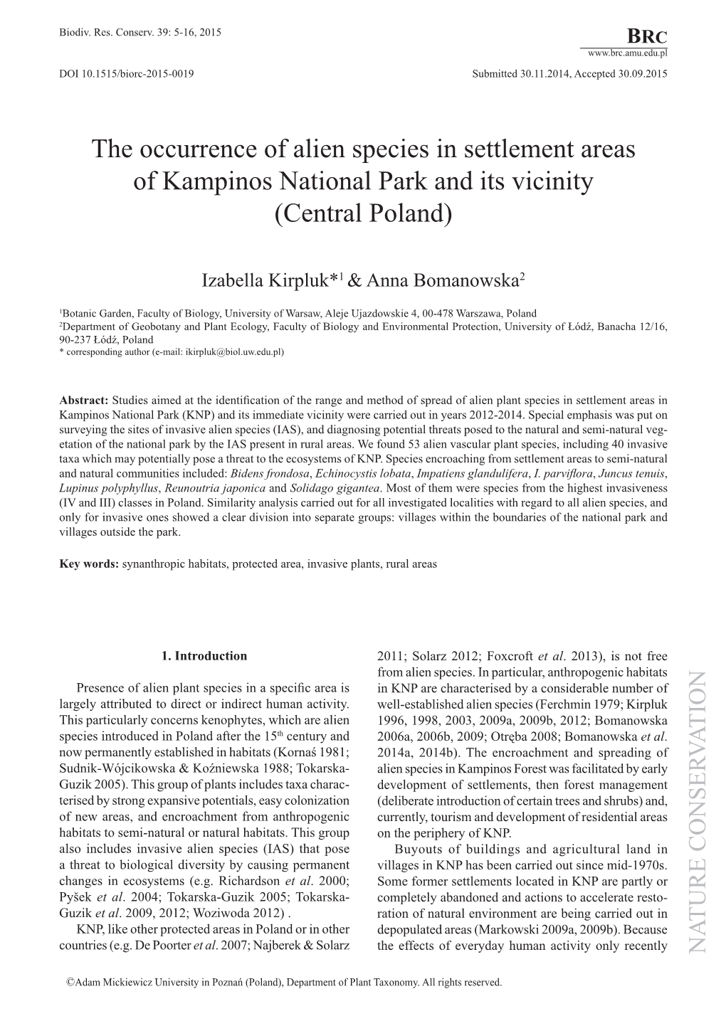 The Occurrence of Alien Species in Settlement Areas of Kampinos National Park and Its Vicinity (Central Poland)