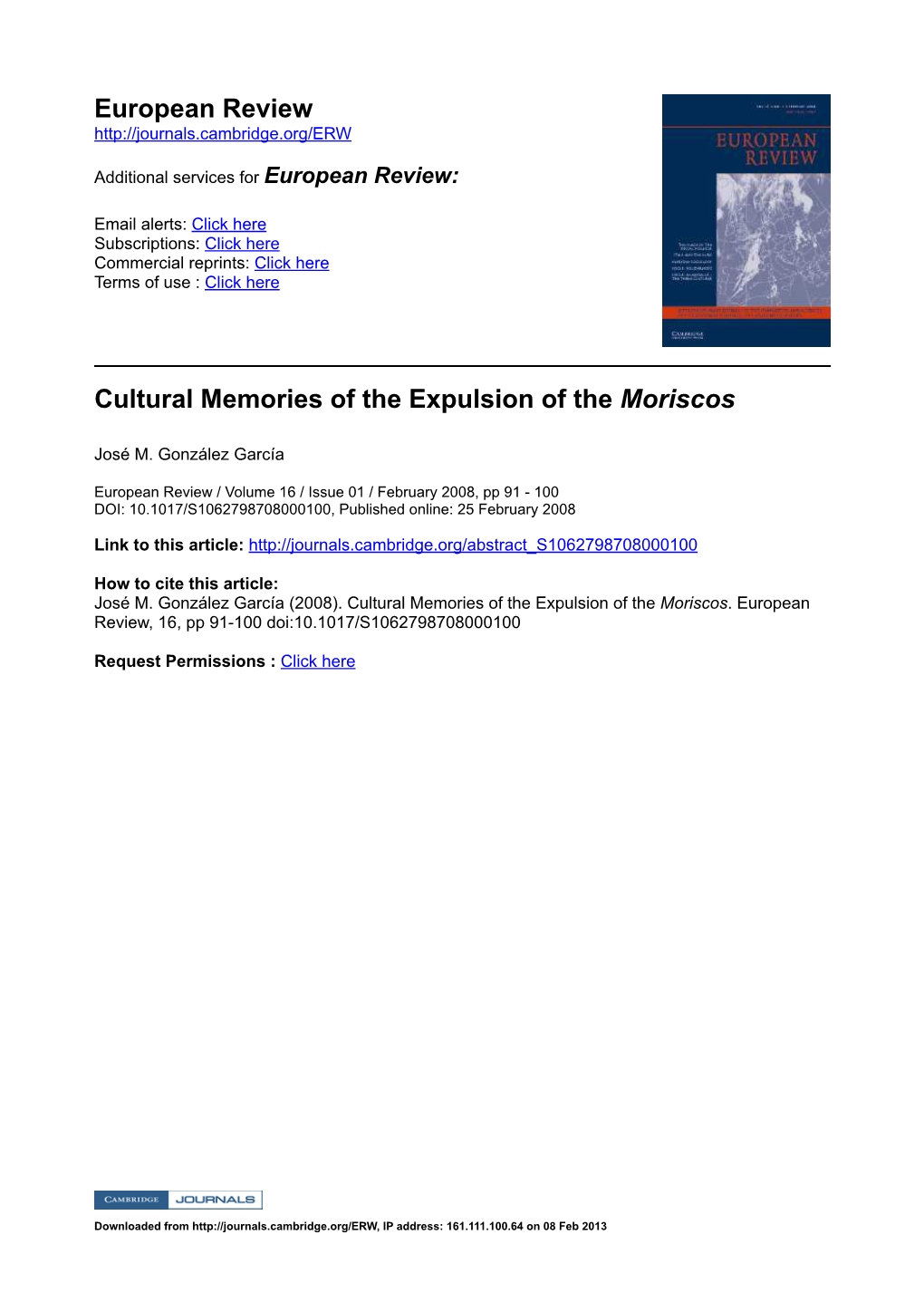European Review Cultural Memories of the Expulsion of the Moriscos