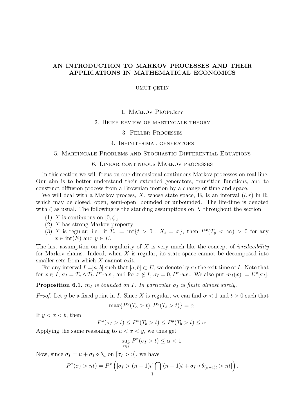 An Introduction to Markov Processes and Their Applications in Mathematical Economics