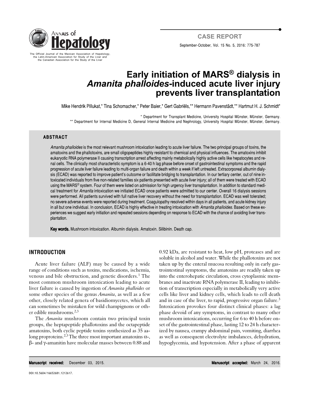 Early Initiation of MARS® Dialysis in Amanita Phalloides-Induced Acute Liver Injury Prevents Liver Transplantation