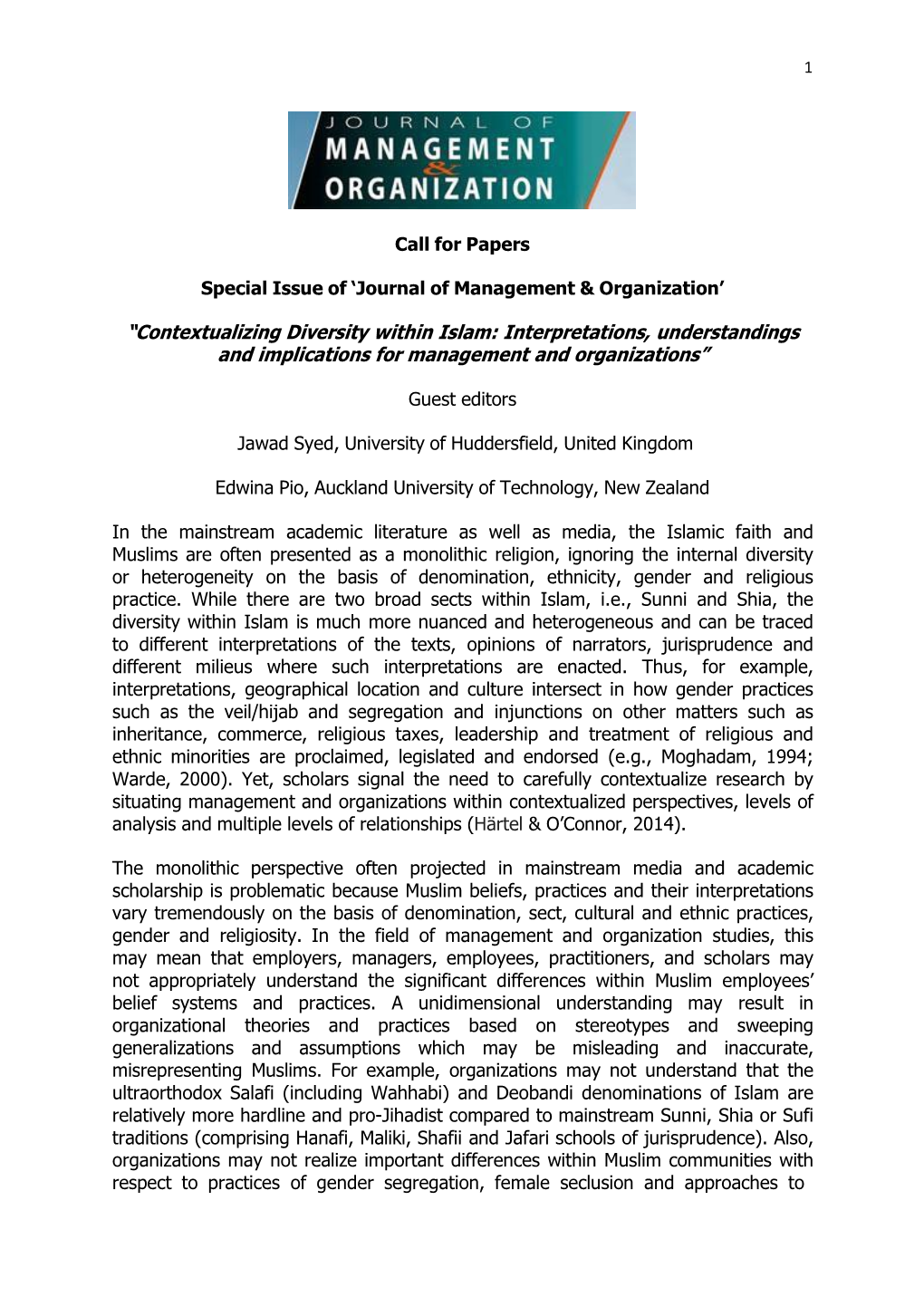 “Contextualizing Diversity Within Islam: Interpretations, Understandings and Implications for Management and Organizations”