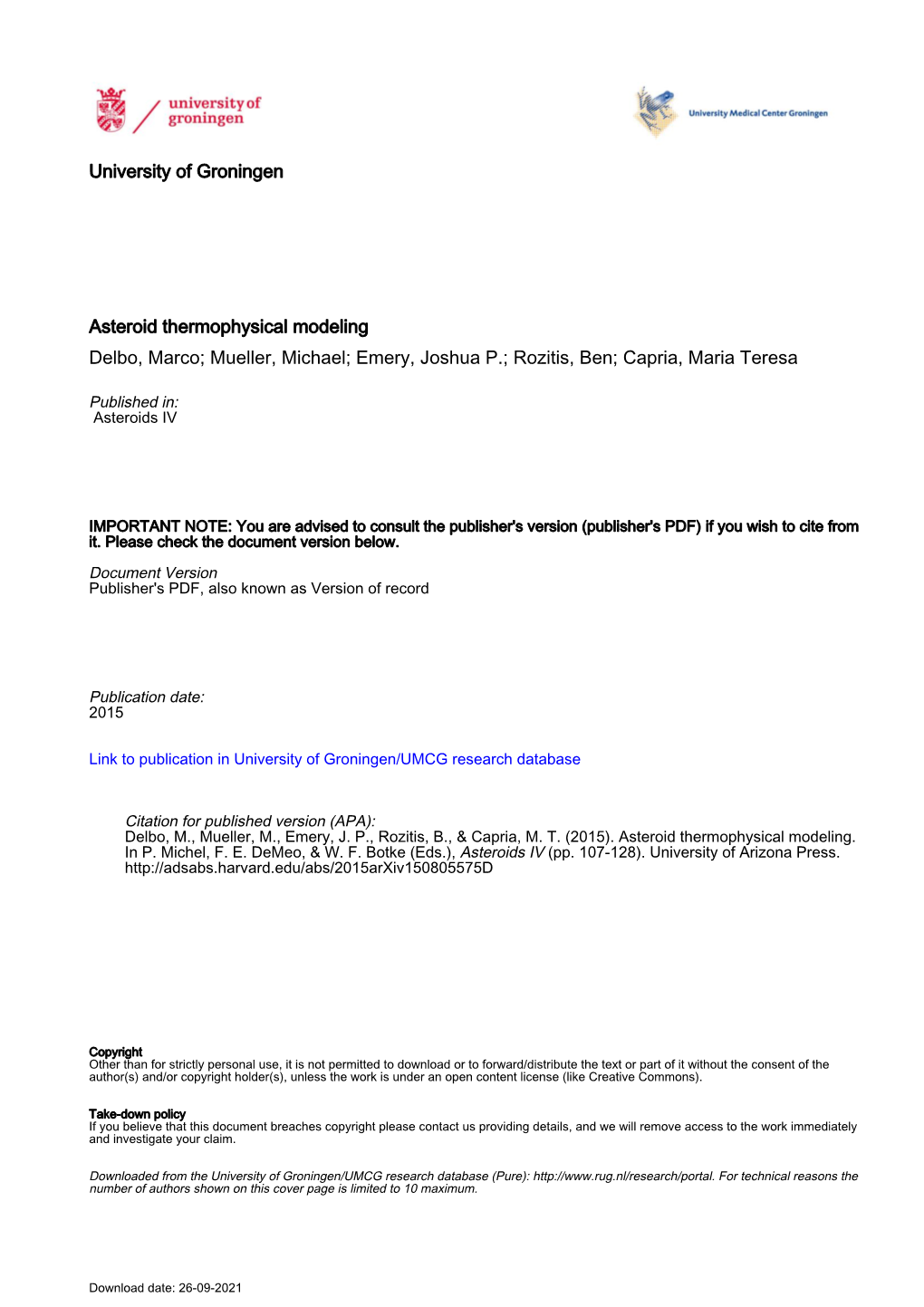 University of Groningen Asteroid Thermophysical Modeling Delbo