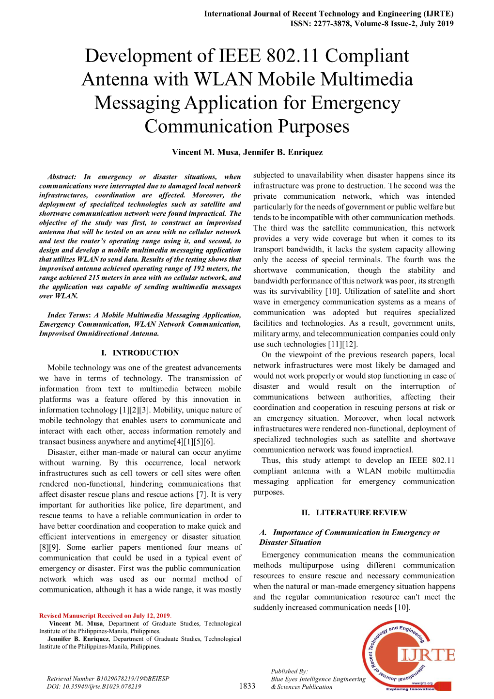 Development of IEEE 802.11 Compliant Antenna with WLAN Mobile Multimedia Messaging Application for Emergency Communication Purposes