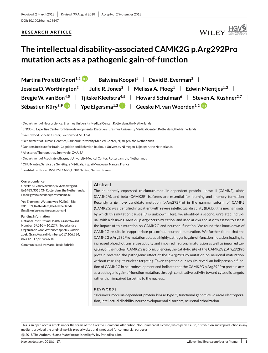 Associated CAMK2G P.Arg292pro Mutation Acts As a Pathogenic Gain&#X02010