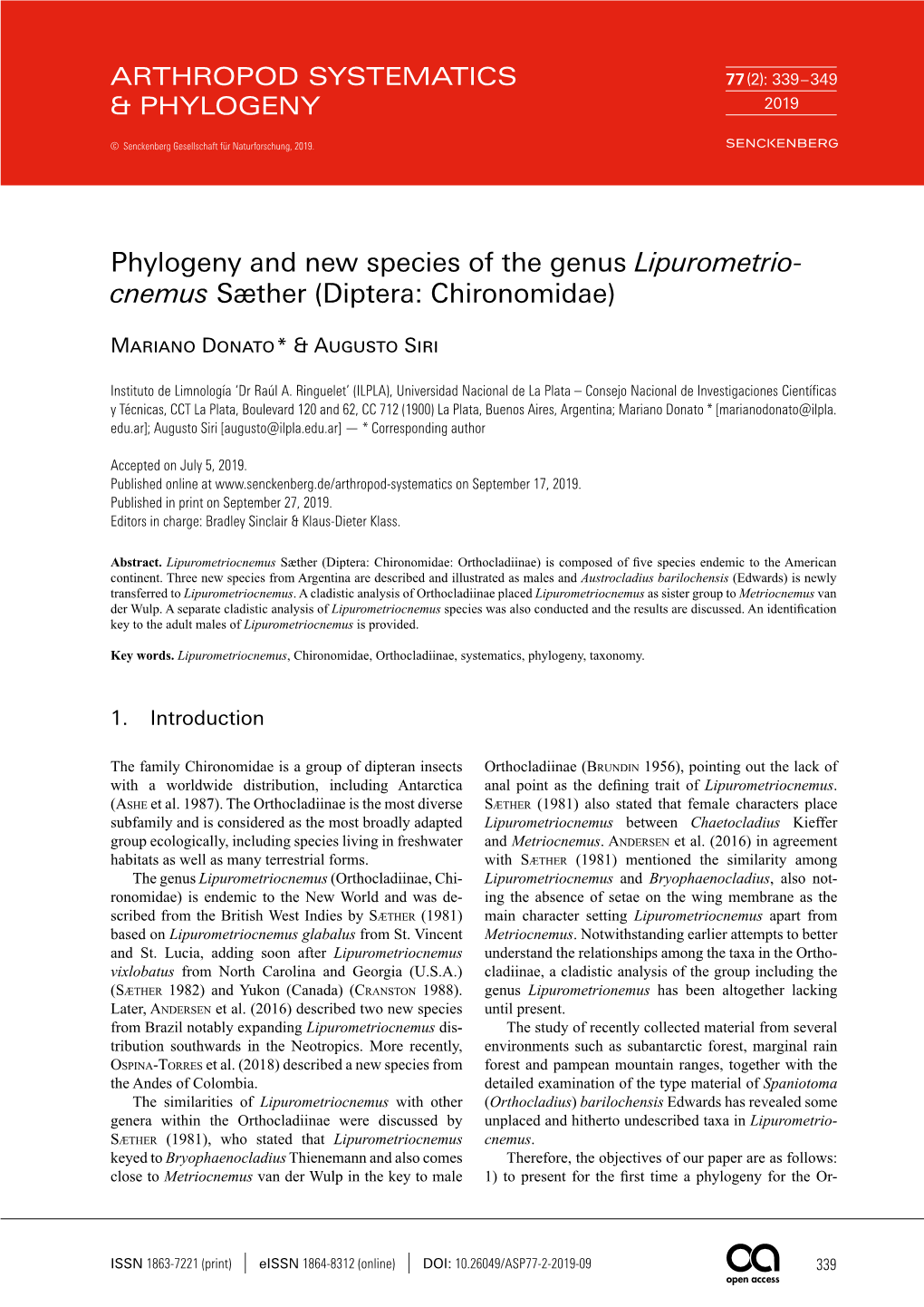 Phylogeny and New Species of the Genus Lipurometriocnemus Sæther