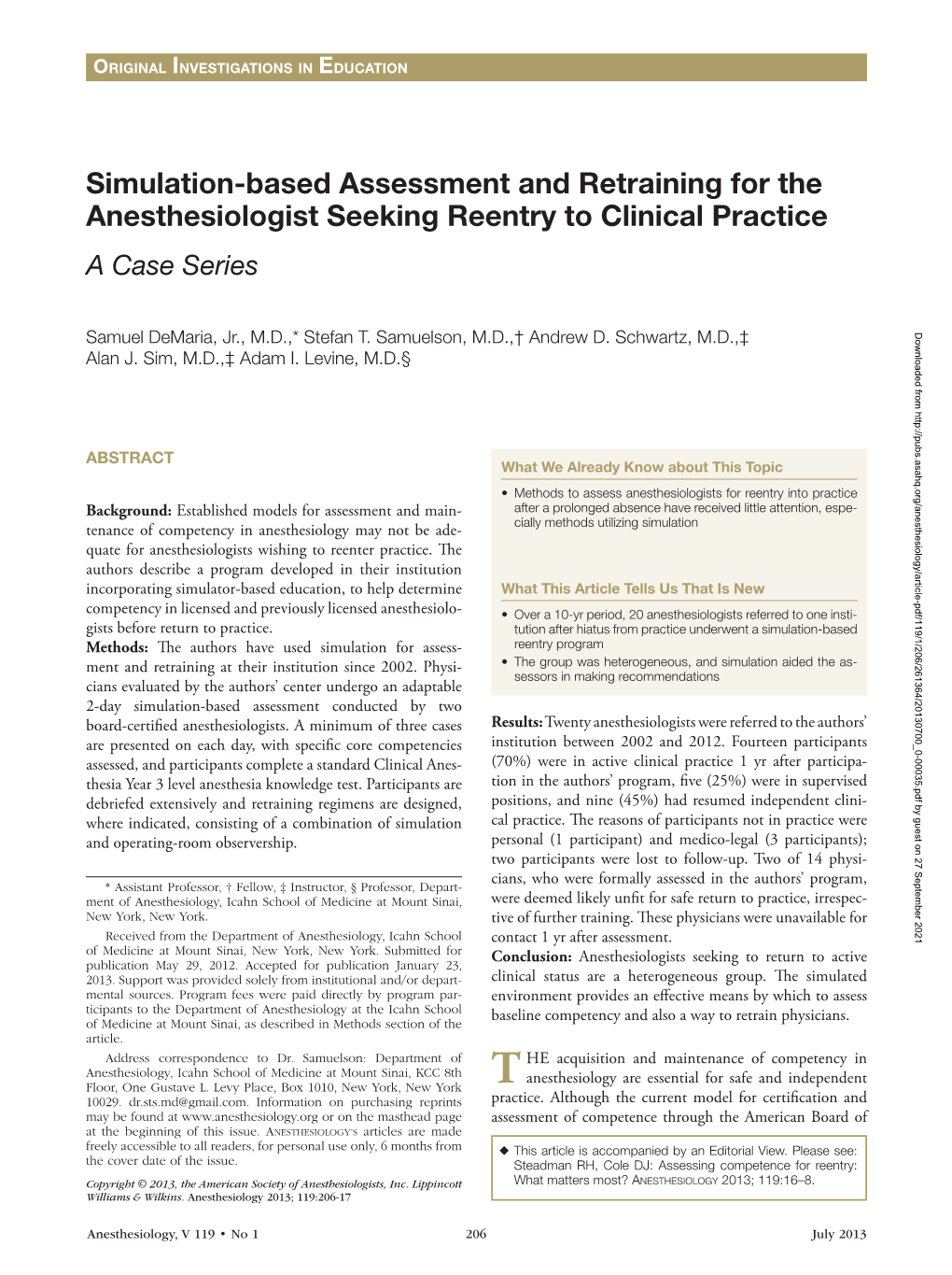 Simulation-Based Assessment and Retraining for the Anesthesiologist Seeking Reentry to Clinical Practice a Case Series