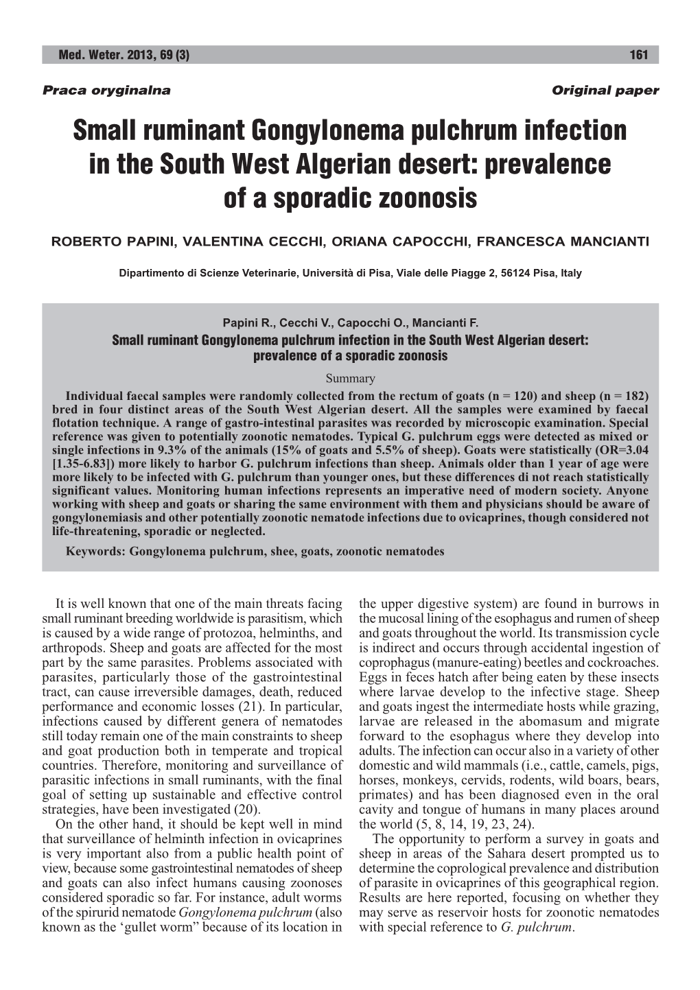Small Ruminant Gongylonema Pulchrum Infection in the South West Algerian Desert: Prevalence of a Sporadic Zoonosis