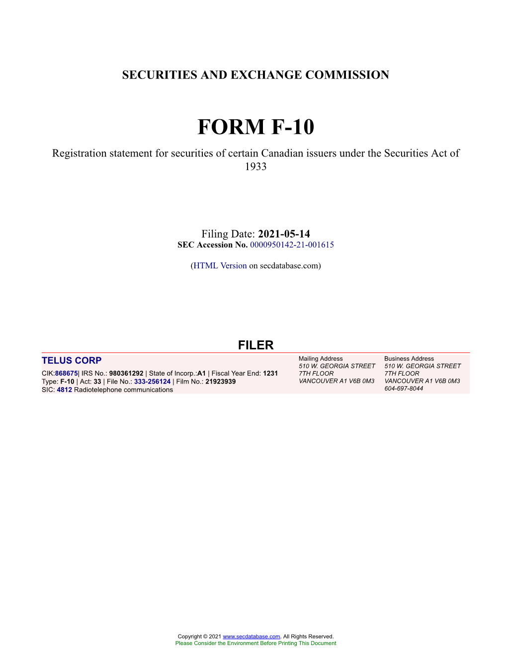 TELUS CORP Form F-10 Filed 2021-05-14