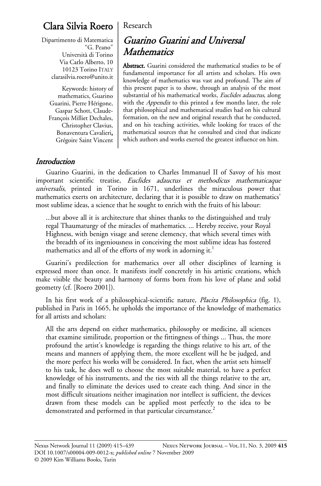 Guarino Guarini and Universal Mathematics Aim of This Treatise, Note the Elements That Are New, and Its Limits with Respects to Similar Contemporary Works