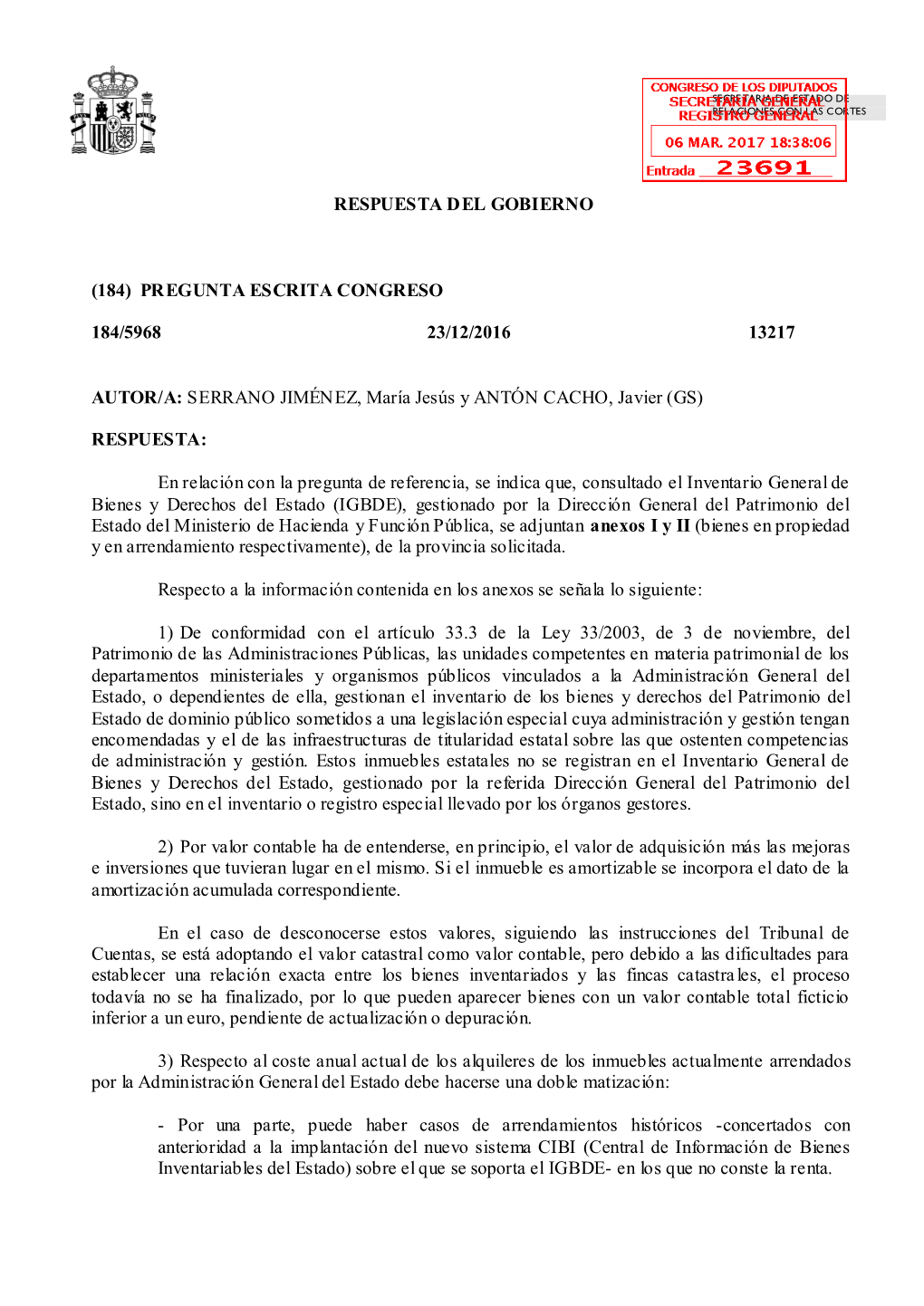 Respuesta Del Gobierno (184) Pregunta Escrita Congreso