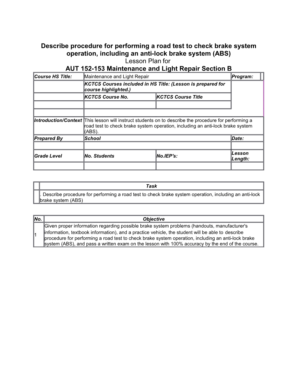 AUT 152-153 Maintenance and Light Repair Section B