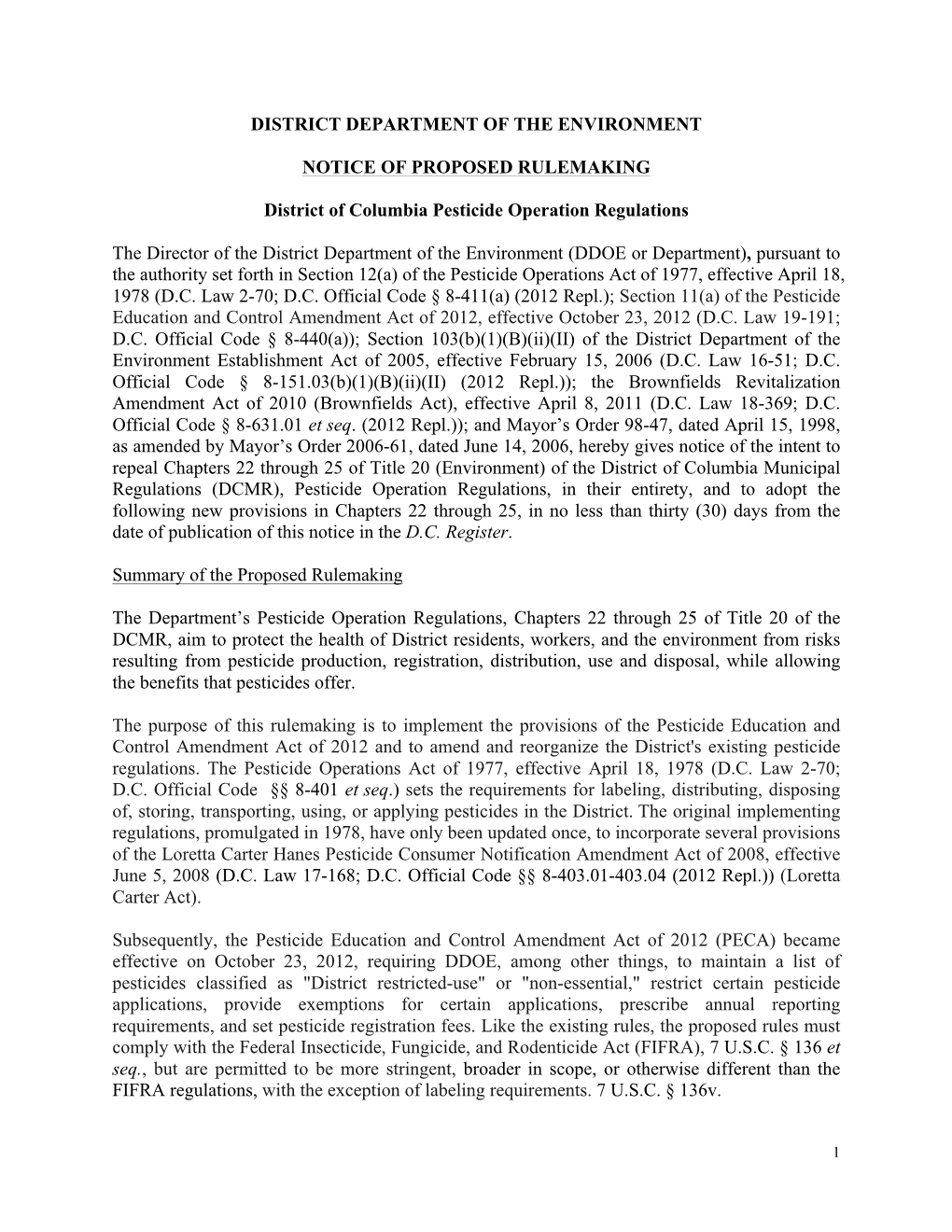 DDOE Or Department), Pursuant to the Authority Set Forth in Section 12(A) of the Pesticide Operations Act of 1977, Effective April 18, 1978 (D.C