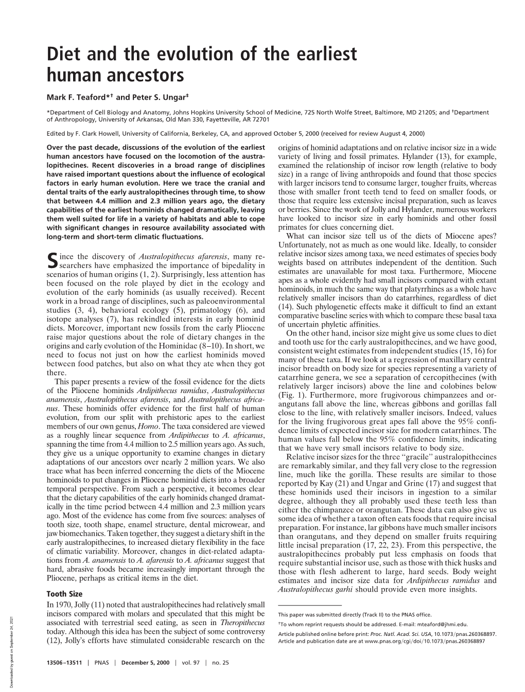 Diet and the Evolution of the Earliest Human Ancestors