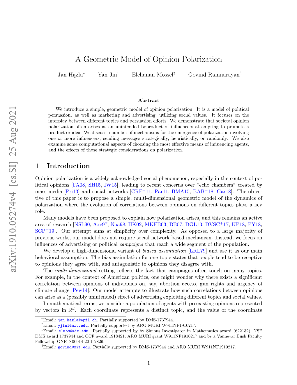 A Geometric Model of Opinion Polarization