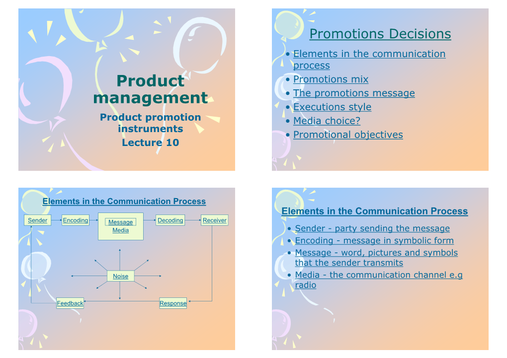 The Promotions Message • Executions Style Product Promotion • Media Choice? Instruments • Promotional Objectives Lecture 10