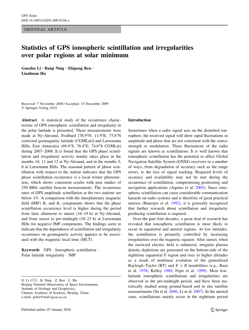 Statistics of GPS Ionospheric Scintillation and Irregularities Over Polar Regions at Solar Minimum