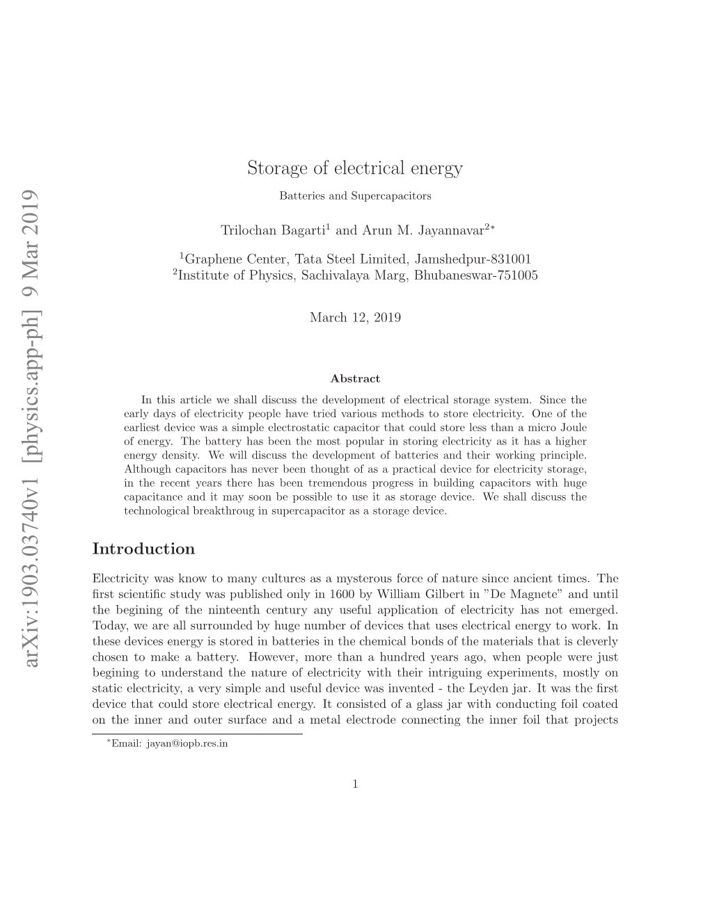 Storage of Electrical Energy: Batteries and Supercapacitors