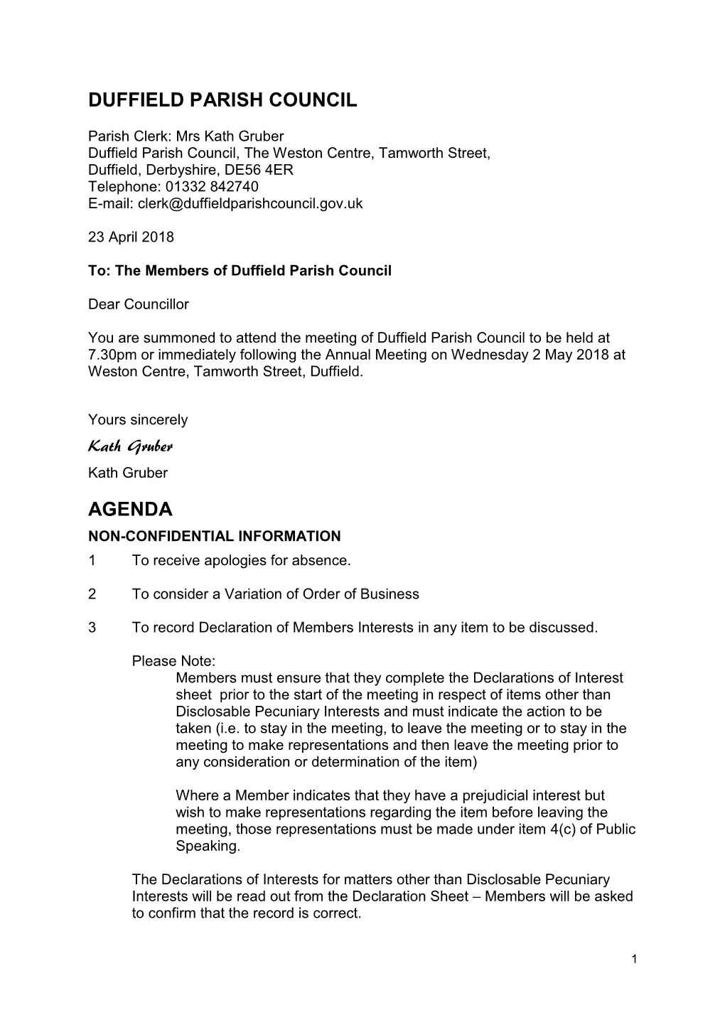 Duffield Parish Council Agenda