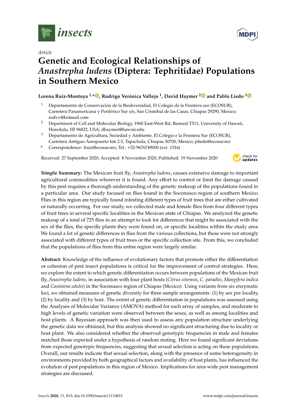 Genetic and Ecological Relationships of Anastrepha Ludens (Diptera: Tephritidae) Populations in Southern Mexico