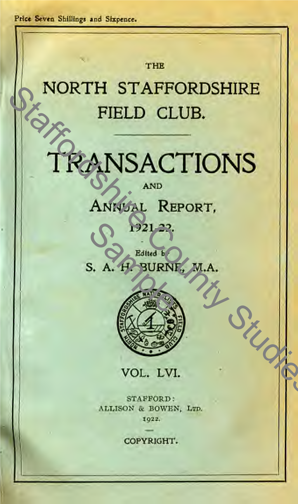 North Staffordshire Field Club, Transactions and Annual Report