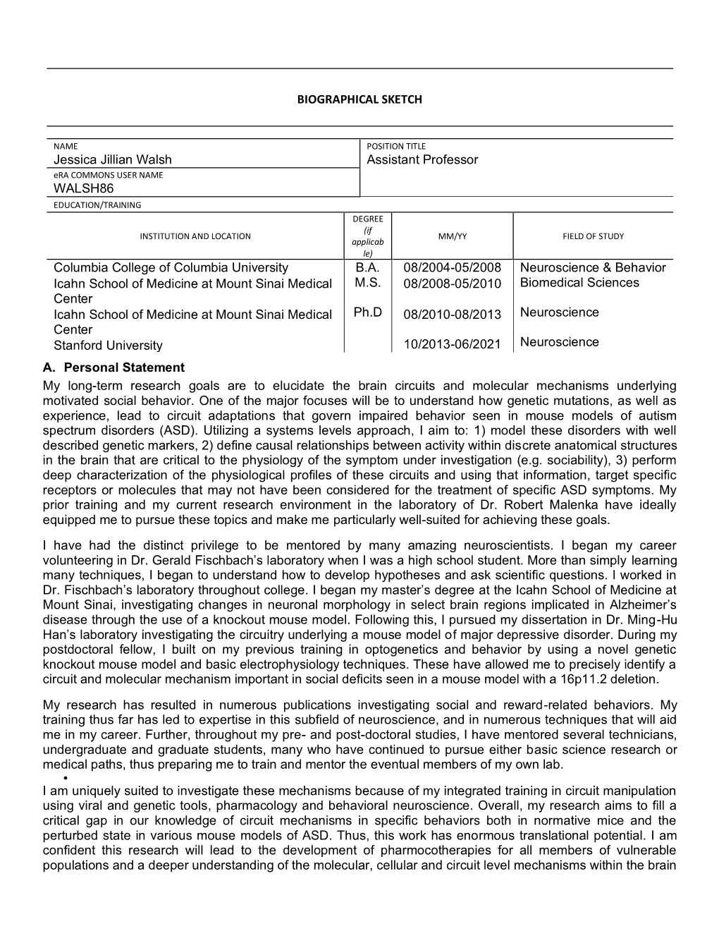 Biographical Sketch Format Page