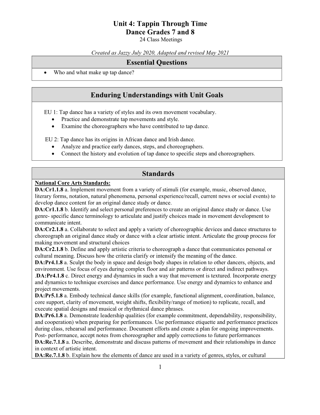 Unit 4: Tappin Through Time Dance Grades 7 and 8 24 Class Meetings