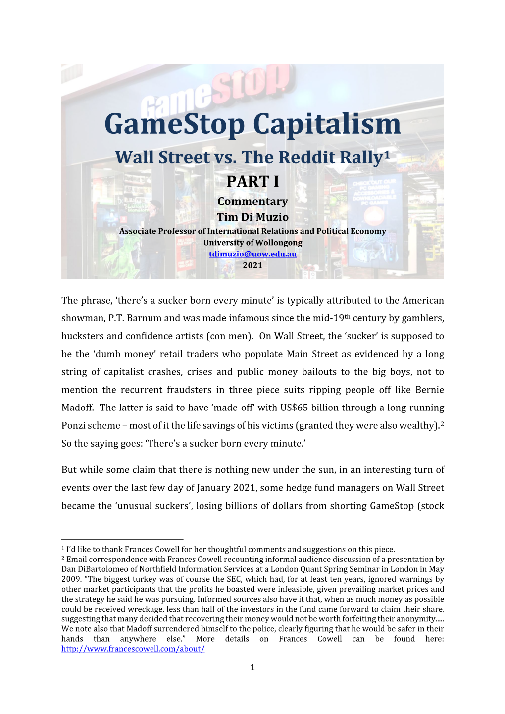 Gamestop Capitalism Wall Street Vs