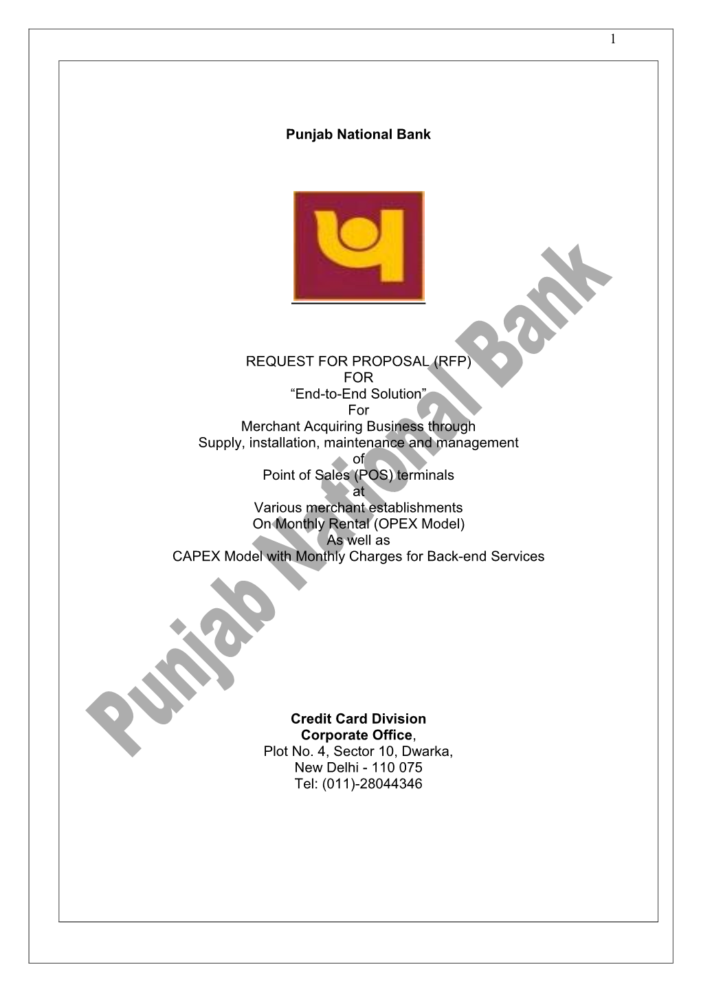 1 Punjab National Bank REQUEST for PROPOSAL (RFP)