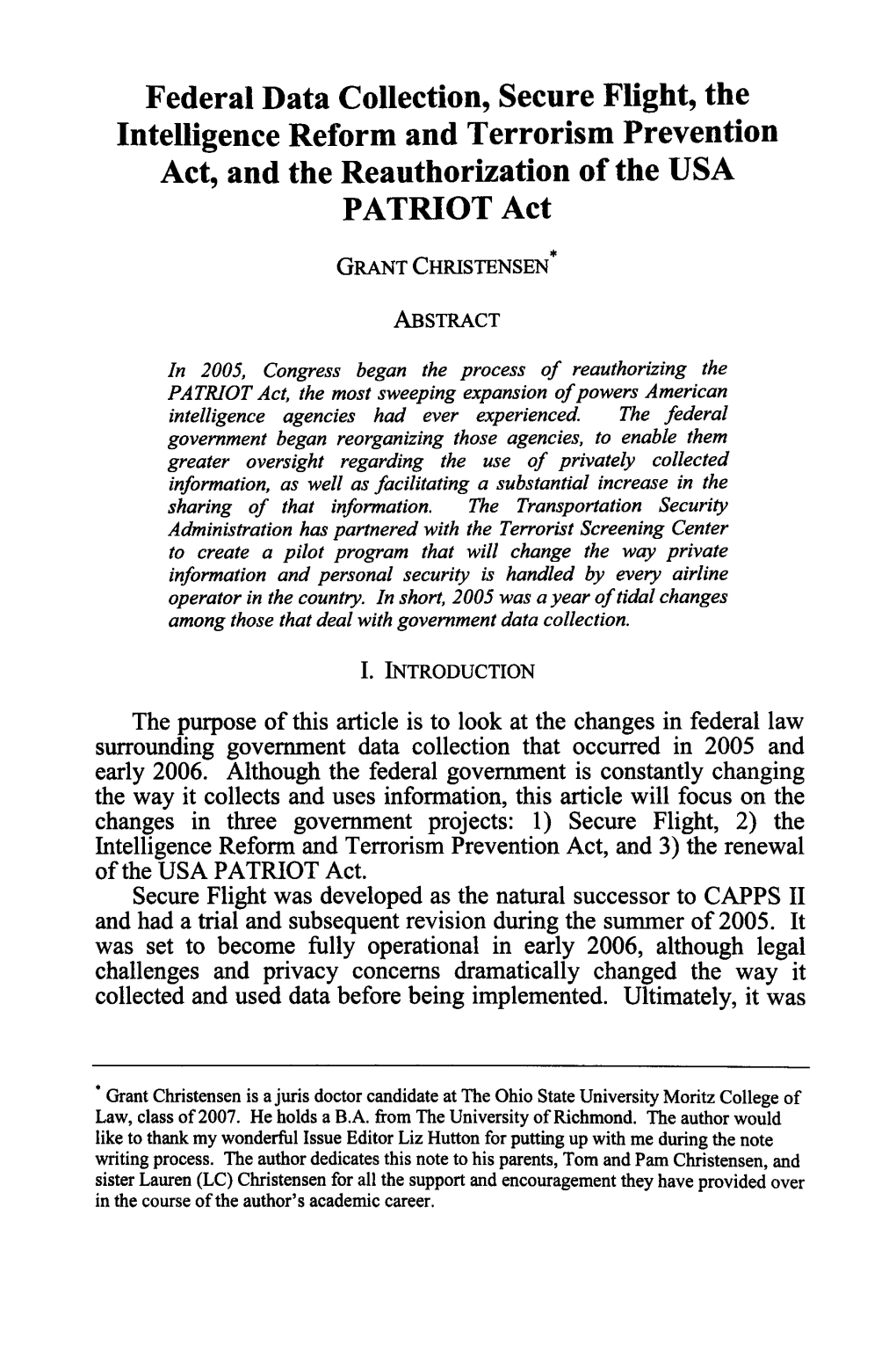 Federal Data Collection, Secure Flight, the Intelligence Reform and Terrorism Prevention Act, and the Reauthorization of the USA PATRIOT Act