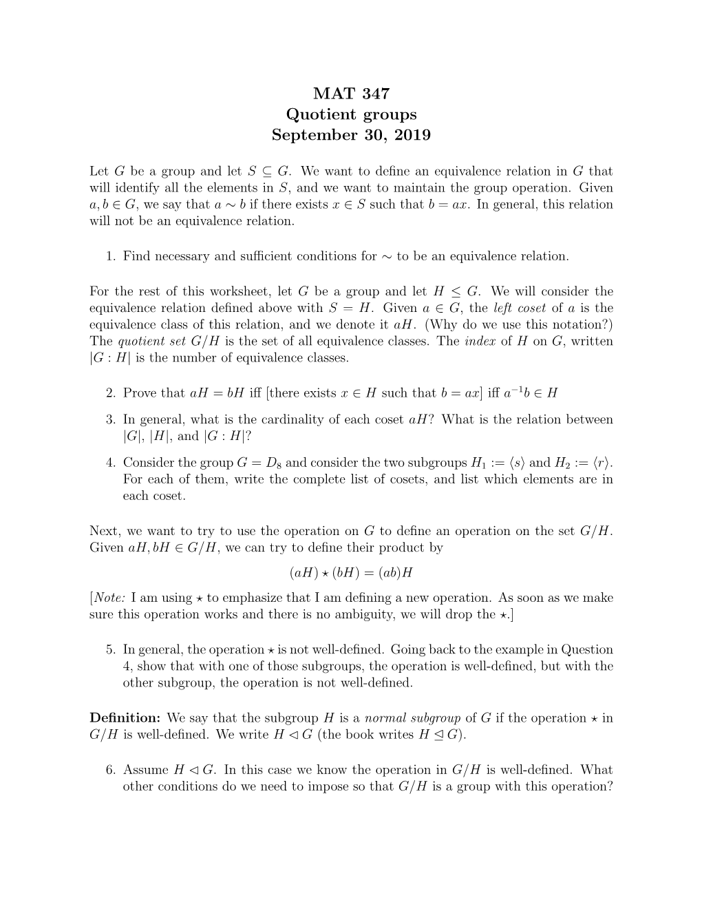 MAT 347 Quotient Groups September 30, 2019