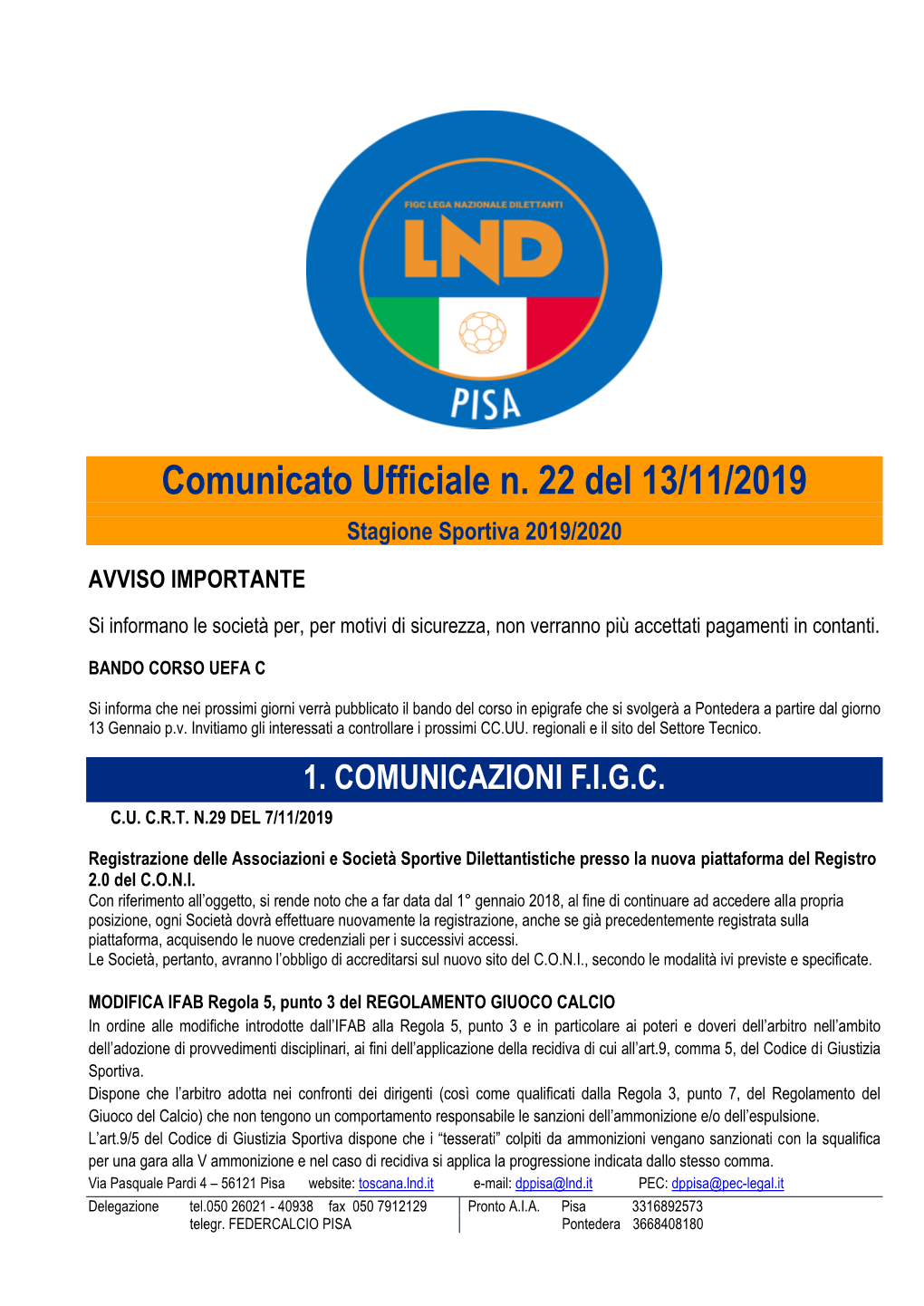 Comunicato Ufficiale N. 22 Del 13/11/2019